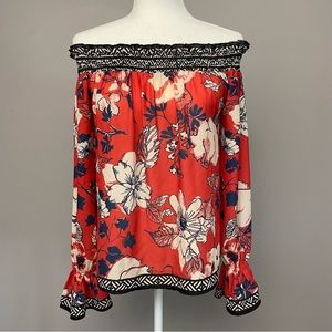Flying Tomato Floral Print Smocked Neck Blouse Top Size S